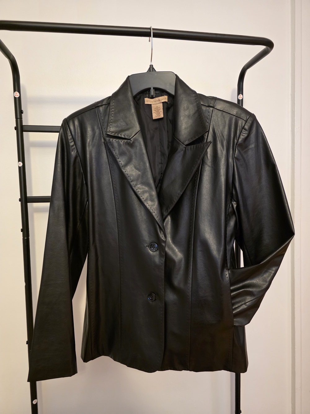 Women's Vintage Black Faux Leather Blazer Jacket, Size Medium